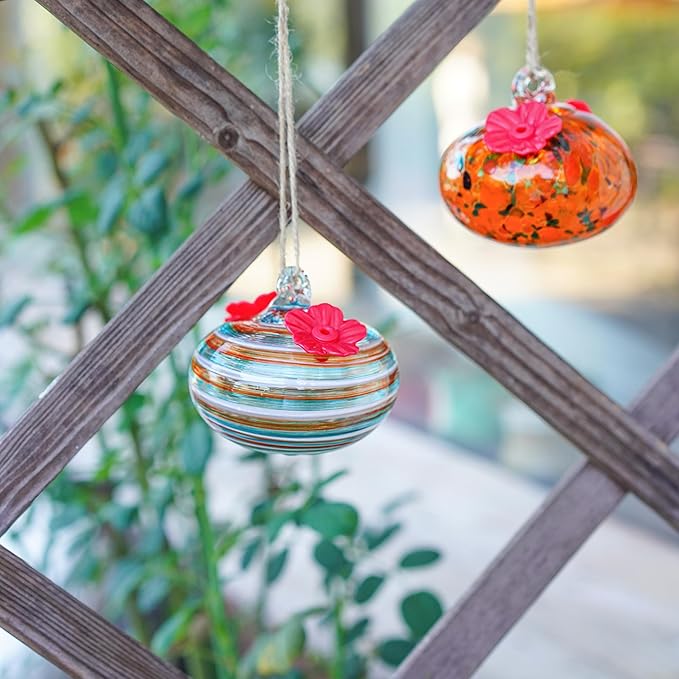 2pcs Small Blown Glass Hummingbird Feeders for Outdoors 3.2in Hanging Glass Humming Bird Feeders for Window Patio Decor with 2 Flower Feeding Ports
