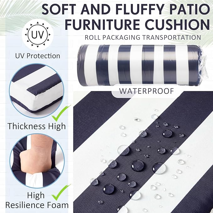 4 Pack Outdoor High Back Chair Cushion, 44 x 20 inches Patio Chair Cushions Waterproof Rocking Cushions Indoor Furniture Seat Pad, Weather Resistant (Stripe,Navy Blue)