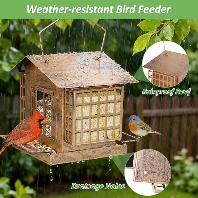 Bird Feeders for Outdoors, Metal Bird Feeder with Double Suet Cage Weatherproof Metal Roof, Suet Feeders for Outside Hanging, 5LB Large Seed Capacity