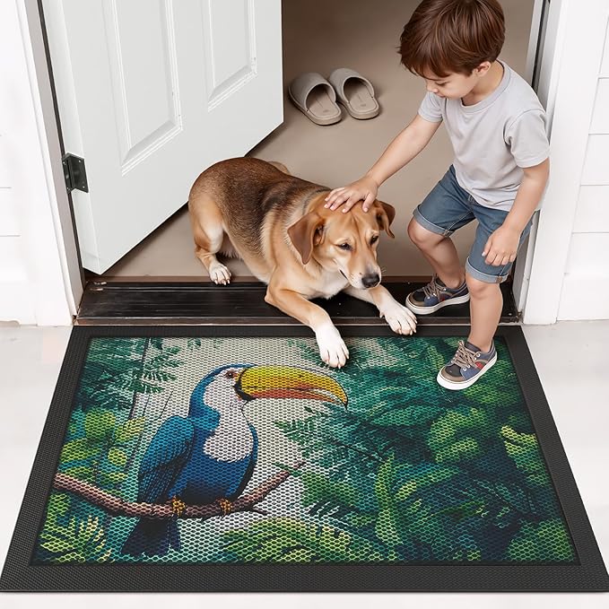 LUMI Outside Door Mat 17x30, Non Slip Rubber Backing Doormat, Low Profile Easy Clean Entrance Mats for Front Back Door Entryway Porch Garage, Toucans