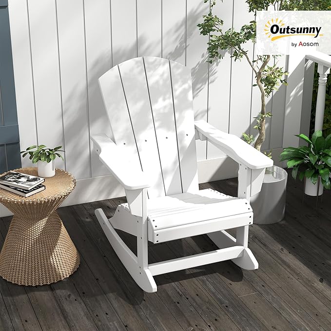 Outsunny Adirondack Rocking Chair, All Weather HDPE Porch Rocker, Rocking Fire Pit Chair for Patio, Garden, Lawn, White