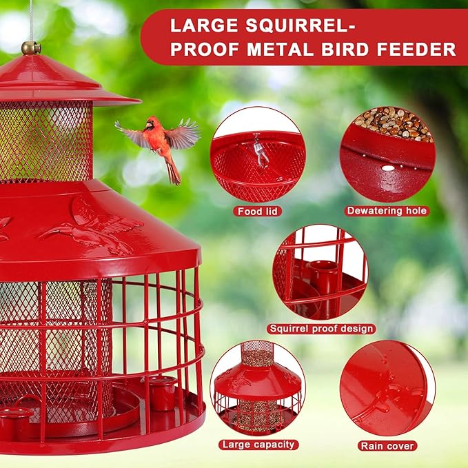 Squirrel Proof Bird Feeder with 3 Water Cups, 4.2LB Large Capacity Outdoor Hanging Bird Feeder with Metal Cage, One-Piece Design No Assembly Needed, Weather Resistant & Stylish for Garden, Yard (Red)