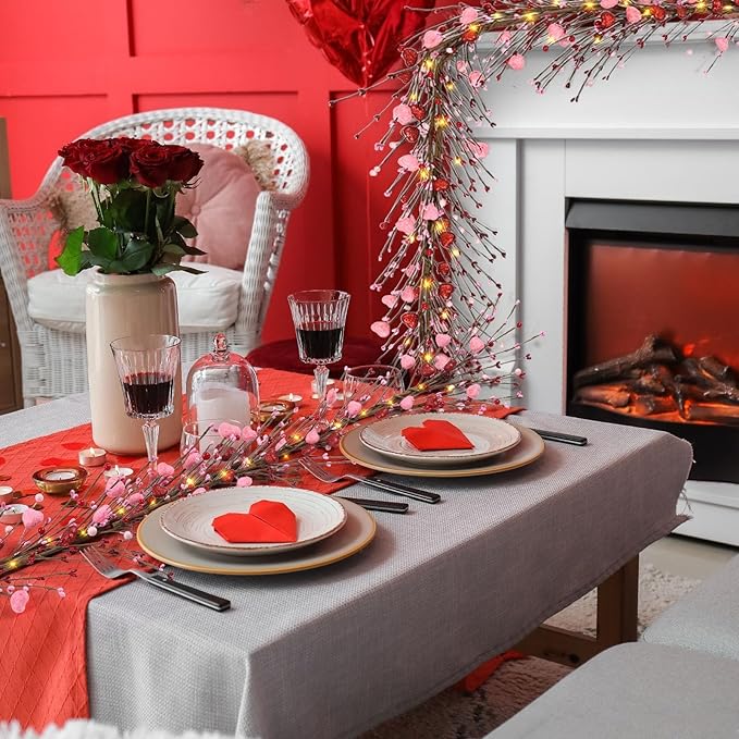 6.5 Ft Valentine's Day Berry Garland Twig Red Pink Berry Glitter Hearts Garland with LED Lights Artificial Vine for Valentines Wedding Anniversary Fireplace Mantel Table Home Wall Indoor Party Decor