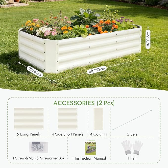 INNO STAGE 2Pcs Galvanized Raised Garden Bed Kit, 4x2x1FT Metal Raised Garden Beds for Vegetables, Rust-Resistant & Easy Assembly, Outdoor Raised Beds for Gardening, Flowers, Herbs (White)