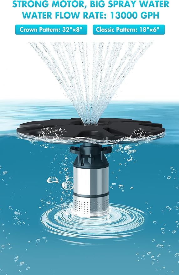 HQUA FS01 120V, 1/2HP, Large Pond Floating Fountain with FSL01 LED RGB Color-Changing Light Sets, 100’ Cord, 13000 GPH, Two Spray Patterns 32'x12' and 18'x6'