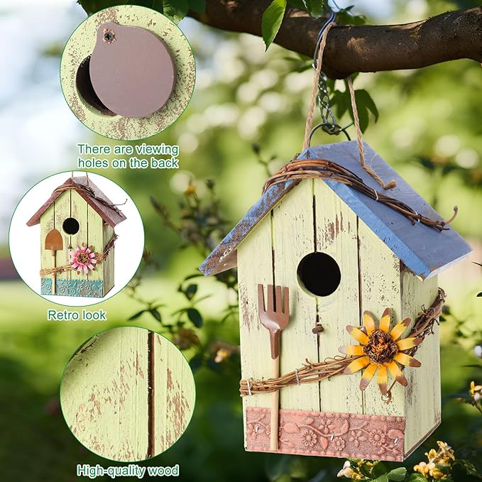 2 Pcs Decorative Birdhouse for Yard Outside Hanging Wooden Birdhouse Hand Painted Bird Box for Bird Lovers Bluebird Tree Swallow Wild Chickadee Garden Decor(Light Color,Wooden Roof)