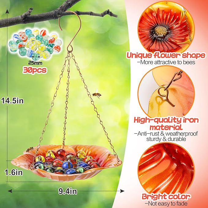 Bee Feeder with Vivid Hibiscus Design - Anti-Rust Iron Bee Watering Station for Feeding, Colorful Butterfly Bath Bowl Bee Cups with 30 Glass Marbles for Outdoor Yard Garden Decor Gifts (Orange)