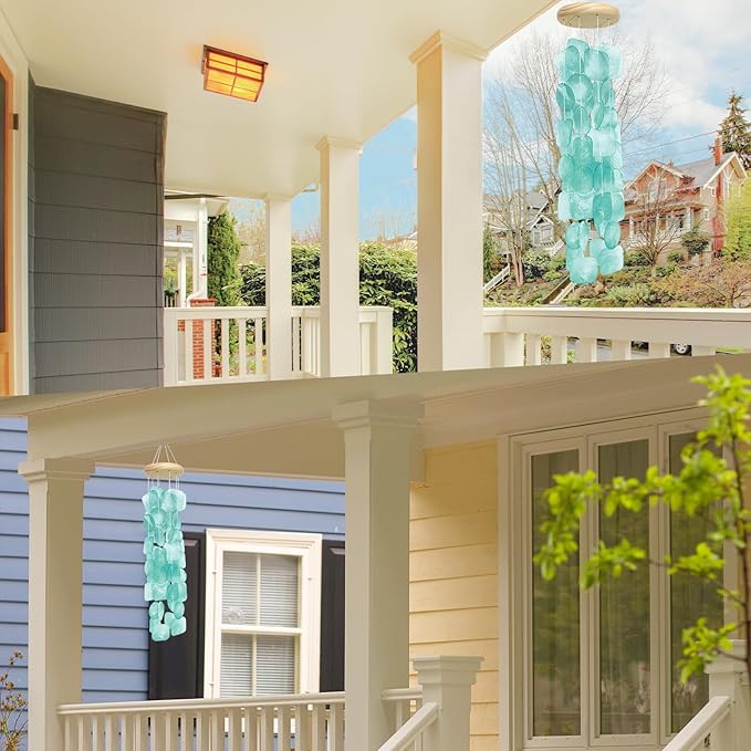 Wind Chimes for Outside 26", Clear Tones Lake Blue Sea Shell Wind Chimes Outdoor, Handcrafted Capiz Sea Glass Shells Windchimes Memorial Wind Chime for Patio, Garden, Porch Decor, Beach Gifts