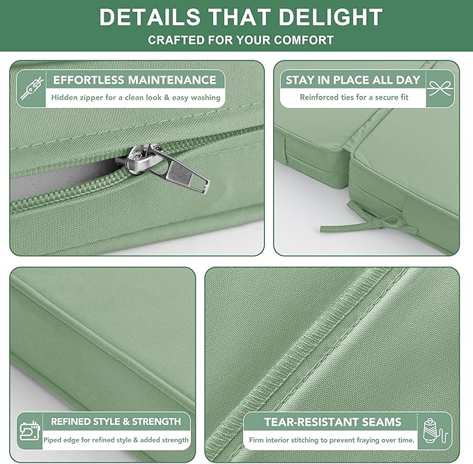 Chaise Lounge Cushions Outdoor - Waterproof and Fade Resistant Sun Lounger Replacement Cushions - Patio Lounger Pads with Removable Cover for Pool, Deck, Lawn, 80 x 26 x 3 Inch, Sage Green