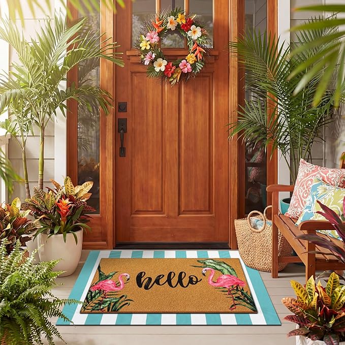 Tinideya 2 Pcs Door Mat Welcome Non Slip Coir Mats Floor Layering Doormats Seasonal for Front Porch Entryway Decor (Hello Flamingo)