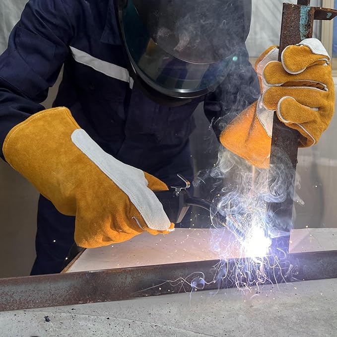 14" Leather Welding Gloves, Fire and Heat Resistant Long Sleeve Welding Gloves, For Mig, Gas, BBQ, Oven, Grill, Fireplace, Baking Mitts, Fireplace, Animal Training, Animal Handling
