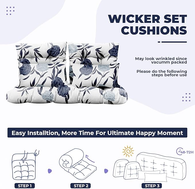 Wicker Chair Cushions of 5 Pieces, Waterproof Outdoor Loveseat Cushion for Wicker Furniture, 1 Love Seat Cushion, 2 U-Shape and 2 Lumbar Pillows for Patio Furniture (Blue Enchantress)