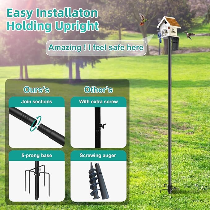 Bird House Pole,60 Inch Heavy Duty Bird Feeder Pole Mount Kit for Outdoors, 5-Prong Base, Splicing Adjustable Feeding Stand Station for Birds Watching,Weather Station (Birds House Not Included)