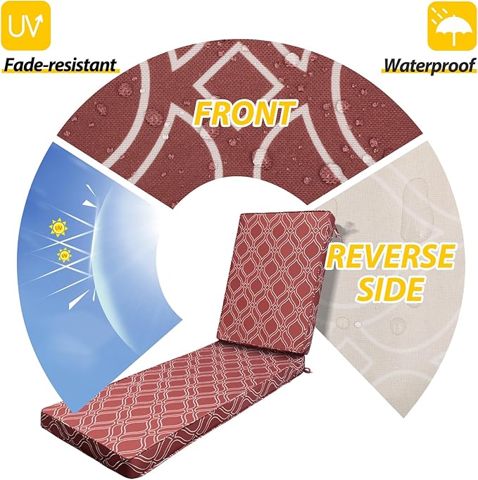 AAAAAcessories Outdoor Chaise Lounge Cushions, Fade-Resistant, Waterproof Patio Furniture Replacement Cushions, 75" x 24.5" x 3", Clay Red Vine Trellis