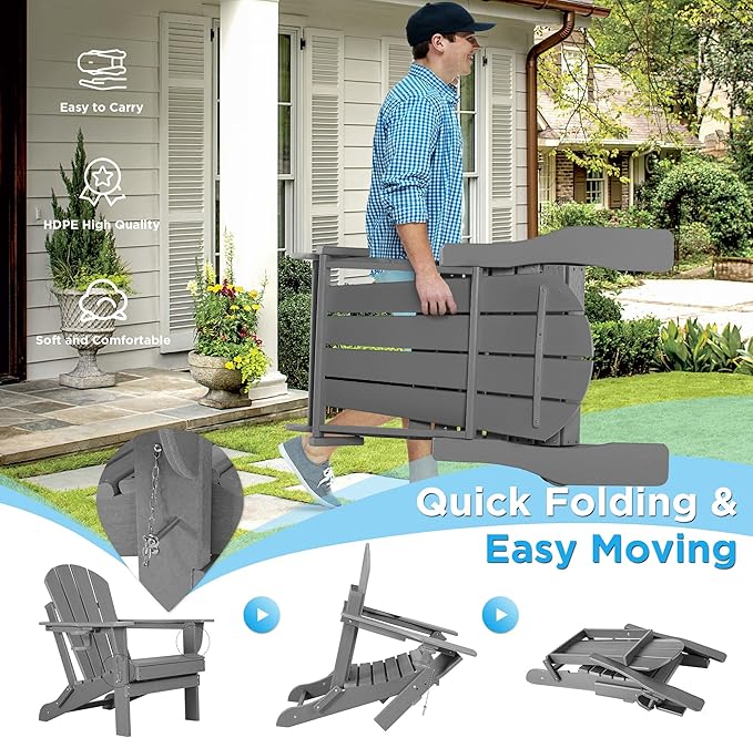 nalone Folding Adirondack Chair with Cushion with Cup Holder, HDPE Plastic Oversized Patio Chair Weather Resistant, Used in Outdoor, Fire Pit, Deck, Garden, Campfire Chairs (Grey)