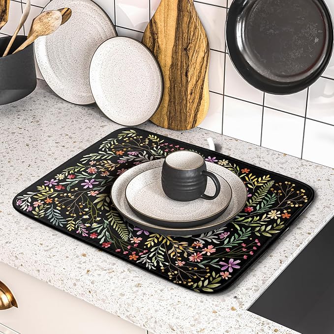 Absorbent Dish Drying Mat Colorful Flowers Microfiber Pad for Kitchen Counter Coffee Bar Decor 16" X 18"