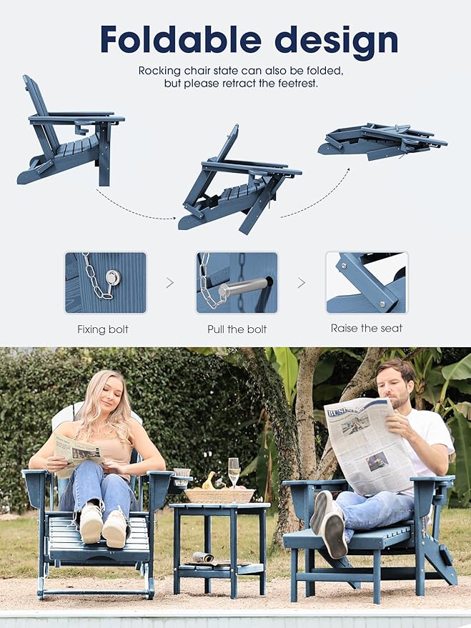 KINGYES Adirondack Rocking Chair Set of 2 with Retractable Ottoman and Cup Holders, HDPE Adirondack Rocker Patio Rocking Chair for Porch, Patio, Balcony, Deep Blue