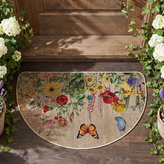 Artoid Mode Wood Flowers Butterfly Spring Semicircular Doormat, Home Summer Decor Low-Profile Switch Rug Door Mat Floor Mat for Indoor Outdoor 17x29 Inch