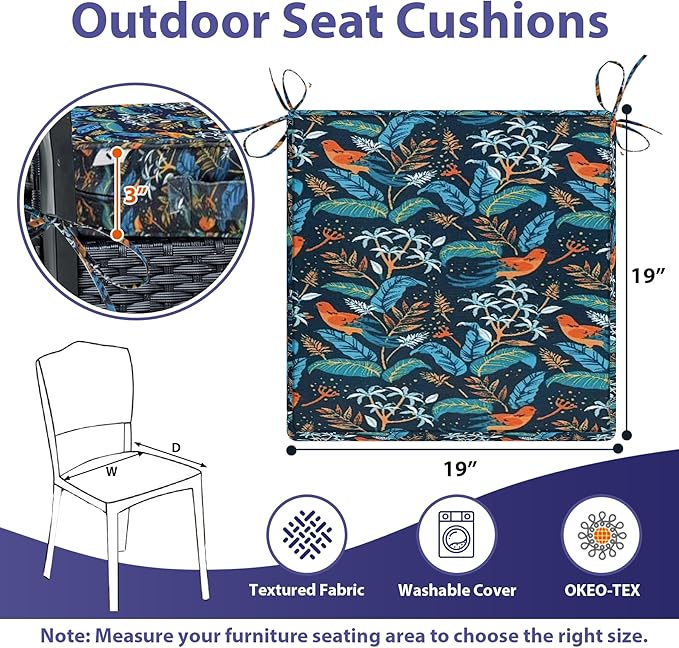 Outdoor Chair Cushions Set of 4,Waterproof Outdoor Seat Cushions for Patio Furniture,Patio Chair Cushion with Handle and Ties, Out Door Chair Pads,19" x 19" x 3", Black Nightingale