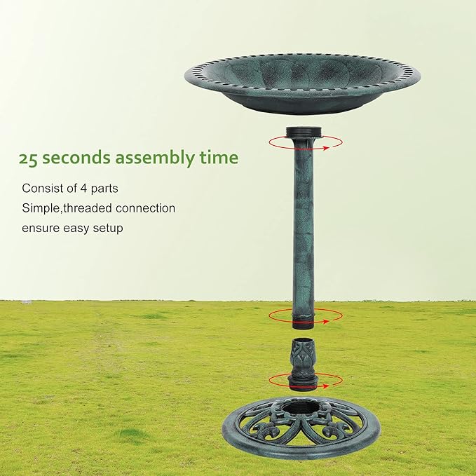 VINGLI Wild Bird Bath Green Patina Weather Resistant Resin Pedestal Birdbaths Antique Sculpture Finish Garden Decor for Outdoor Lightweight Courtyard 28 Inch…