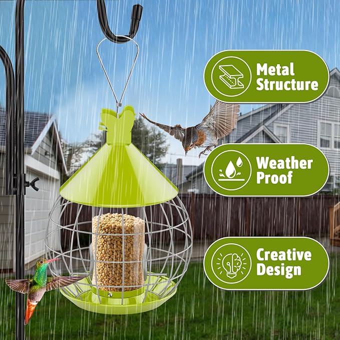 Bird Feeder for Outdoor, Squirrel Proof Bird Feeder for Outdoors Hanging, Weatherproof, Easy to Clean & Refill, Large Capacity Metal Seed Feeder for Finch, Blue Jay, Hummingbird, Green