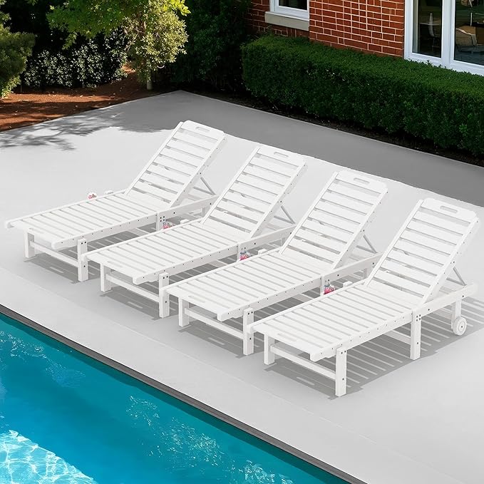 SERWALL Patio Chaise Lounge Chair Set of 4, HDPE Outdoor Lounge Chair with Cup Holder, 5 Positions Adjustable Pool Lounger with Rolling Wheels for Poolside, Deck, Sunbathing, White