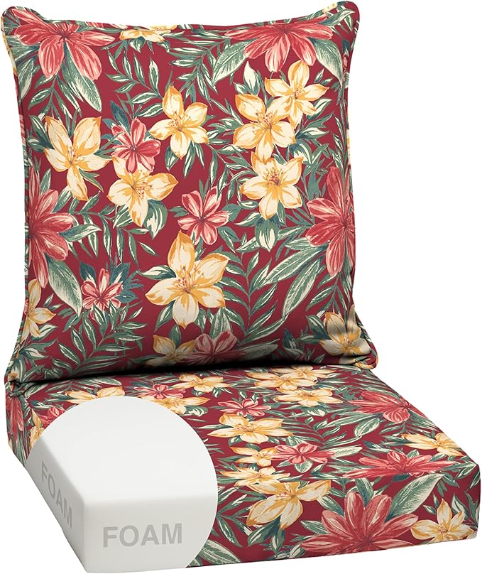 Arden Outdoor Foam Deep Seat Cushion Set, 24 in x 24 in, Weather-Proof, Rain-Proof, Fade Resistant Patio Cushion, Bottom and Back Cushion for Chair, Sofa, and Couch Ruby Clarissa