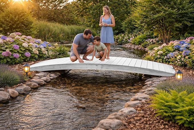 12 FT WHITE Amish Made Pinewood Heavy Duty Garden Bridge for Walkway, Backyard Pond & Landscaping, Outdoor Wooden Footbridge for Koi Pond, Japanese Style Decorative Bridge, Made in USA