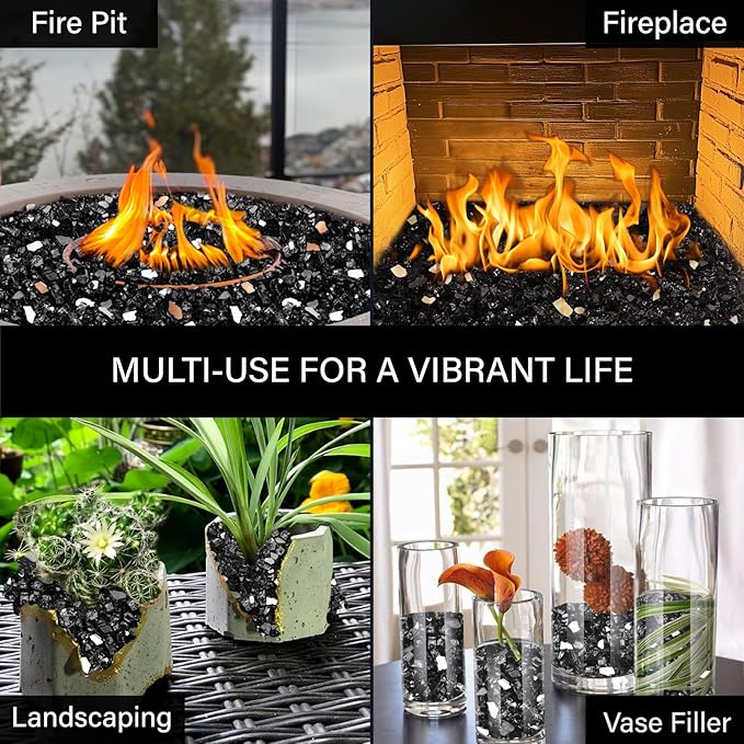 NUPICK 5 Pound Fire Glass, 1/4 Inch Reflective Fire Pit Glass, Tempered Firepit Glass Rock for Propane or Natural Gas, Glass Rocks for Fire Pit Table, Fireplace Glass for Landscaping, Black