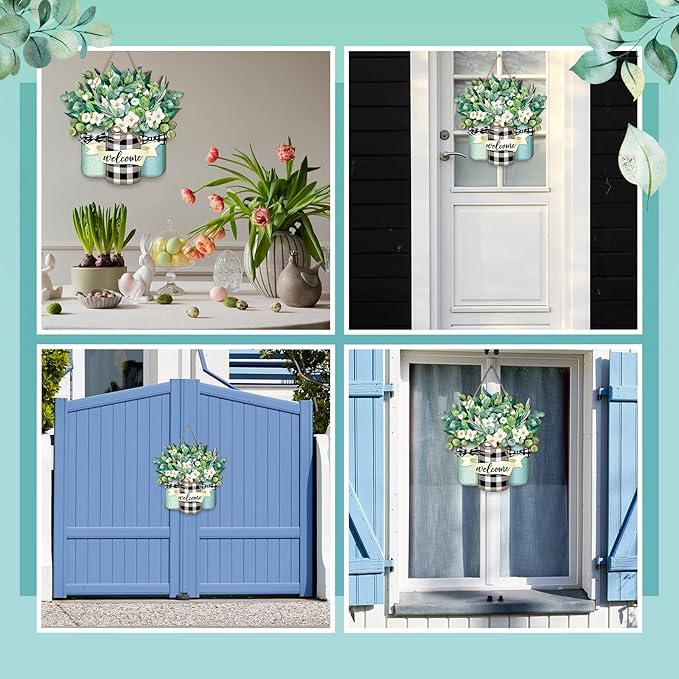 Karenhi Welcome Wooden Sign for Front Door Wooden Hanger Summer Door Sign Wood Spring Hanging Decorations Farmhouse Porch Decor for Outdoor Housewarming Gift(Welcome)