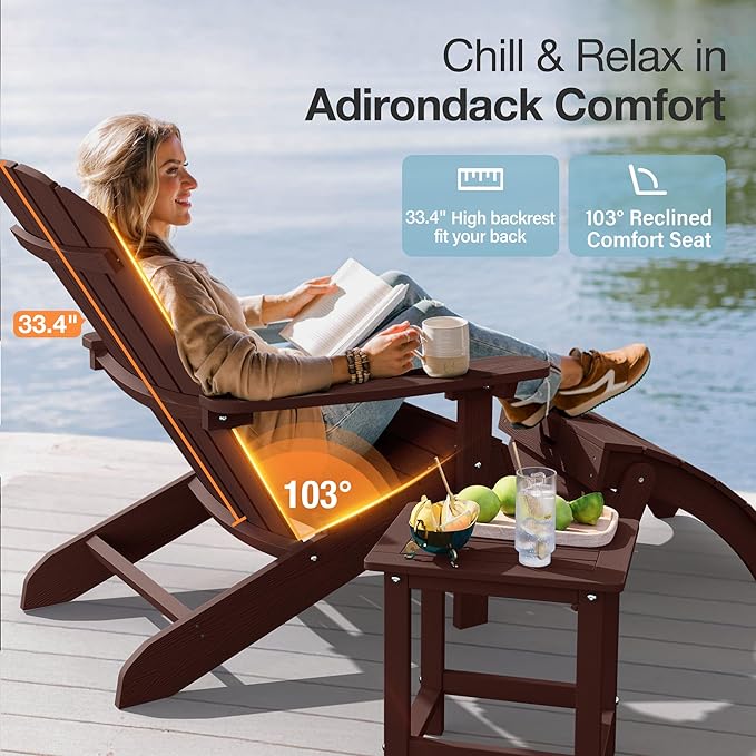 YEFU Adirondack Chairs Set of 4: Outdoor Chair HIPS Plastic Adirondack Chairs - Patio Chairs with Wood Texture - Lawn Fire Pit Deck Porch Garden Chairs for Adults (Coffee)
