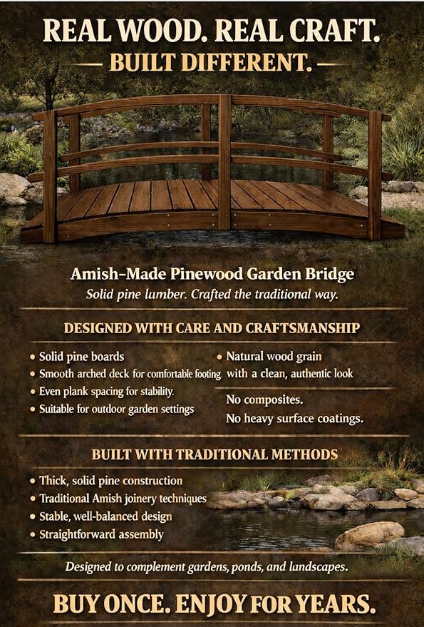 8 FT Walnut Amish Made Garden Bridge with Double Rails for Walkway, Backyard Pond & Landscaping, Outdoor Wooden Footbridge for Koi Pond, Japanese Style Decorative Bridge, Made in USA