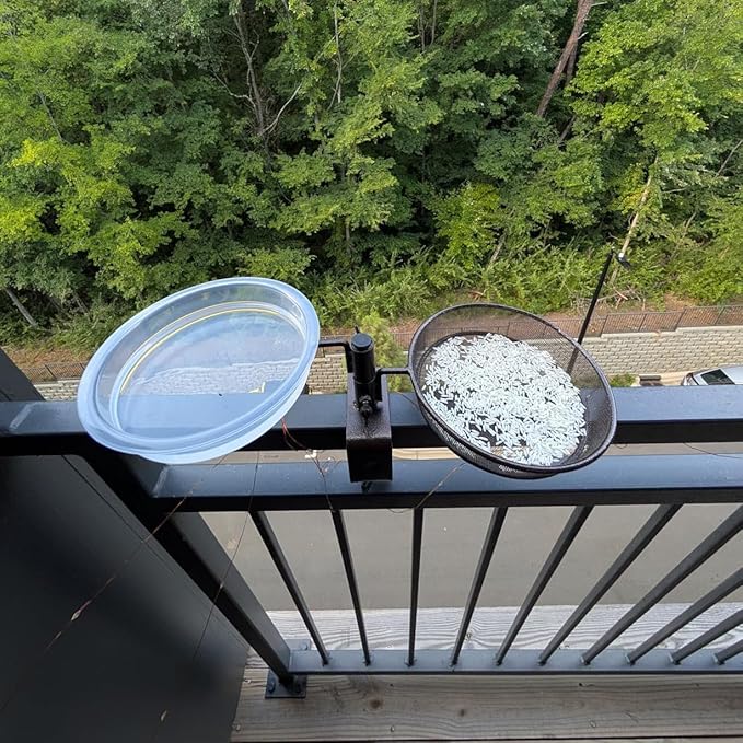 Deck Bird Feeder and Bath Platform Birdseed Tray Railing Handrail Mount Metal Feeder and Water Bowl for Wildbird Feeding