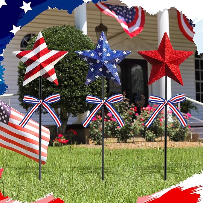 Amyhill 4th of July Decorations, 3 Pack Patriotic Star Garden Stakes, Glitter 250th Anniversary Red White Blue Metal Yard Signs with Stakes, Outdoor Decor for Patio Lawn Walkway