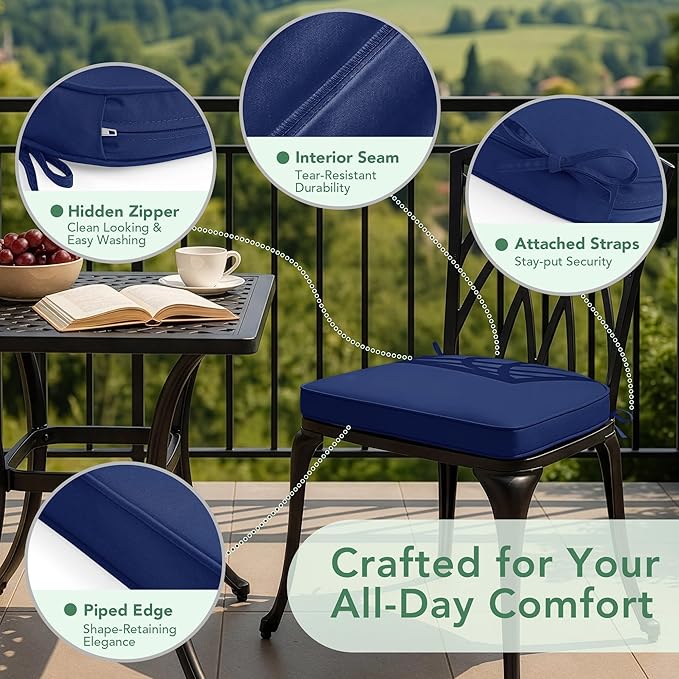 Outdoor Chair Cushions Set of 4: Waterproof & Fade Resistant Patio Furniture Cushions - 19 x 19 x 2 Inch Non Slip Round Corner Seat Cushion Pads with Removable Cover for Garden Yard Lawn, Navy Blue