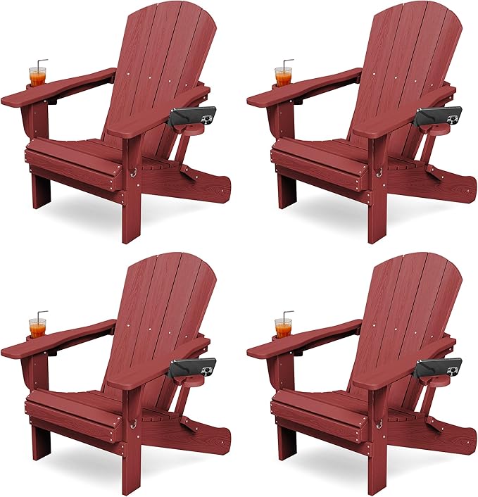 KINGYES Folding Adirondack Chair Set of 4, Dual Cup Holders & All-Weather HDPE, Wood-Like Patio Chair for Backyard, Camping, Pool & Fire Pit, Dark Red