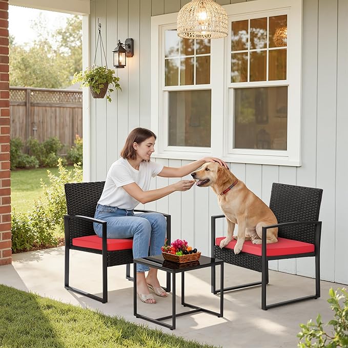 Greesum 3 Piece Wicker Conversation Bistro Sets Outdoor Patio Set Modern Rattan Chair Furniture Sets with Coffee Table for Yard Garden Porch Lawn (Red)