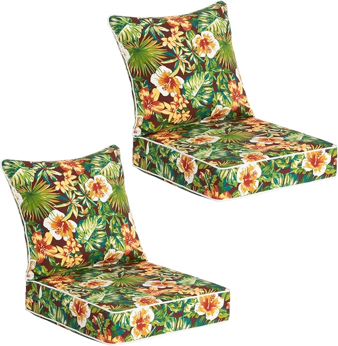 COZYVIDA Outdoor Deep Seat Cushion Set of 2, 22"x24" Seat & 23"x19" Back,Water-Resistant Breathable Fabric,UV-Resistant 1000+ Hrs, 30D Foam with Recycled Fiber Fill and YKK Zippers,Tropical Floral