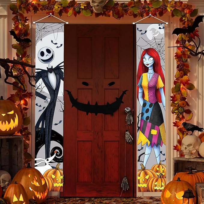 Jack Sally Banners Porch Signs Halloween Decor Christmas Nightmare Hanging Banner Halloween Decorations Outdoor Horror Poster for Indoor Spooky Pumpkin Ghost Door Sign Before Party Banner Wall Art Wallpaper