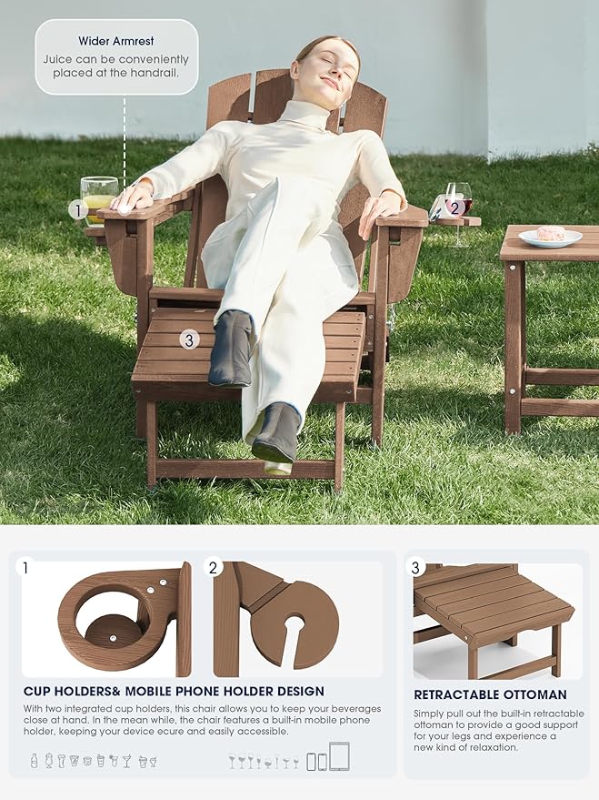 KINGYES Folding Adjustable Adirondack Chair with Ottoman & 2 Cup Holders, HDPE Recliner Adirondack Chair with Footrest, Brown