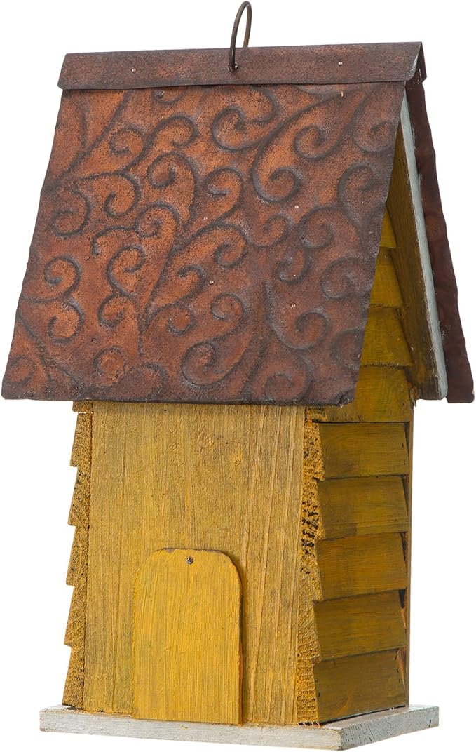 Glitzhome GH90085 Hanging Distressed Wooden Garden Cottage Birdhouse, Yellow