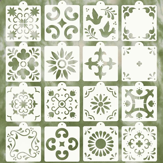 16 Pcs Reusable Scroll Tile Cookie Stencils, Royal Icing Cookie Cake Stencils, Reusable Spanish Mexican Talavera Templates for Painting on Wood Floor Wall Furniture Canvas DIY Home Decor