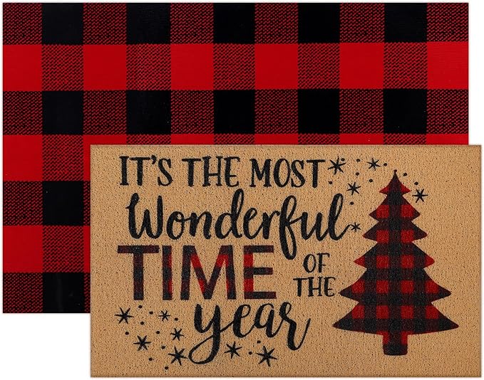 Tinideya 2 Pcs Christmas Tree Door Mat Welcome Non Slip Coir Mats Merry Xmas Black Red Buffalo Plaid Floor Layering Doormats Seasonal for Front Porch Entryway Decor(Christmas Tree)