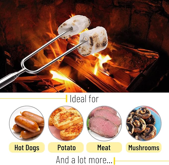 UNCO- Marshmallow Roasting Sticks with Bag, 32”, 10 Pack, Extendable Stainless Steel Smores Sticks for Fire Pit, Smores Skewers, Campfire Cooking Equipment