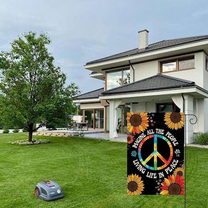 Peace Sign Garden Flag 12x18 Inch Vertical Double Sided Rainbow Sunflower Imagine All The People Living Life in Peace Motivational for Outdoor Yard Lawn Decorations