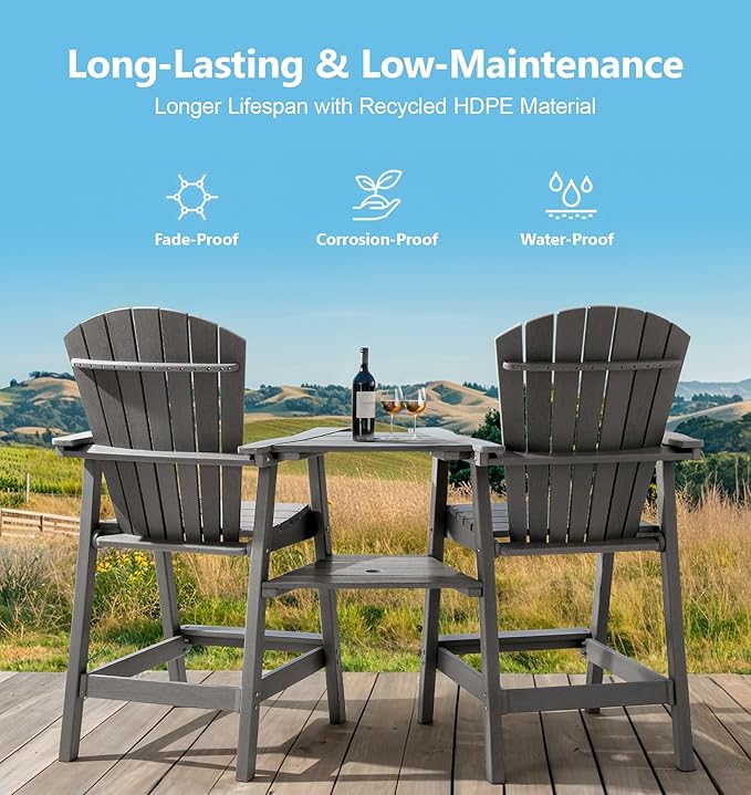 PASAMIC Tall Adirondack Chairs Set of 2, All-Weather HDPE Patio Chairs with Double Connecting Trays, Bar Height Heavy-Duty Outdoor Chairs for Garden, Backyard, Balcony, Light Gray