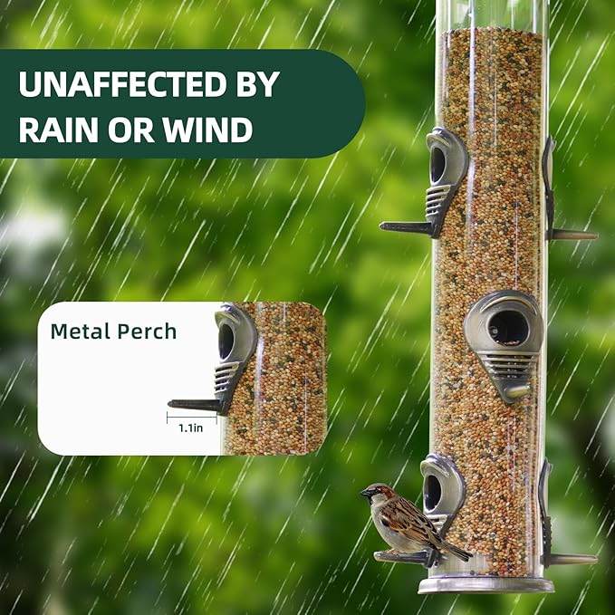 ERYTLLY Metal Bird Feeders 6 Port Tube Bird Feeder for Wild Birds, 1.4mm Extra Thick Solid Tube Transparent with Steel Squirrel Proof for Outside