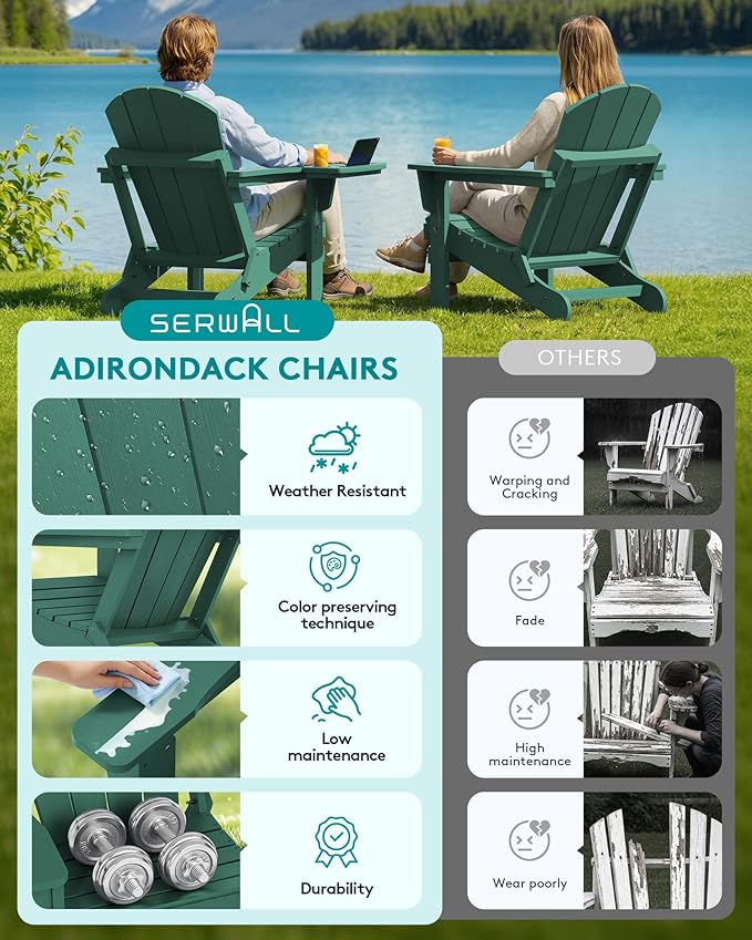 SERWALL Folding Adirondack Chair, Outdoor Adirondack Chairs with 4 in 1 Cup Holder, Weather Resistant Plastic Patio Chair for Garden, Backyard, Deck, Lawn, Fire Pit- Green