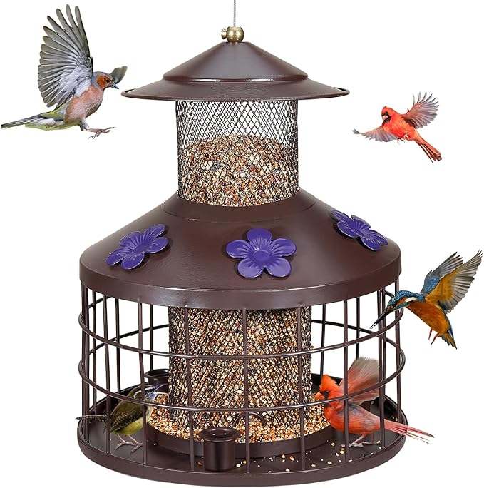 Squirrel Proof Bird Feeder with 3 Water Cups, 4.2LB Large Capacity Outdoor Hanging Bird Feeder with Metal Cage, One-Piece Design No Assembly Needed, Weather Resistant & Stylish for Garden, Yard
