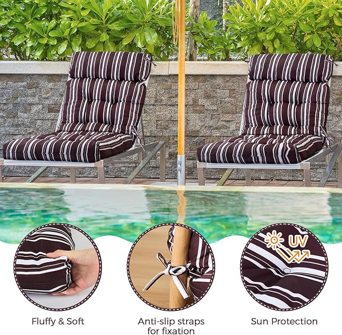 Barydat 4 Pcs Tufted High Back Chair Cushion Indoor Outdoor Seat and Back Cushions Palm Leaves Tropical Plants Lawn Rocking Chair Pads with Ties for Adirondack Patio Garden(Brown Stripes)